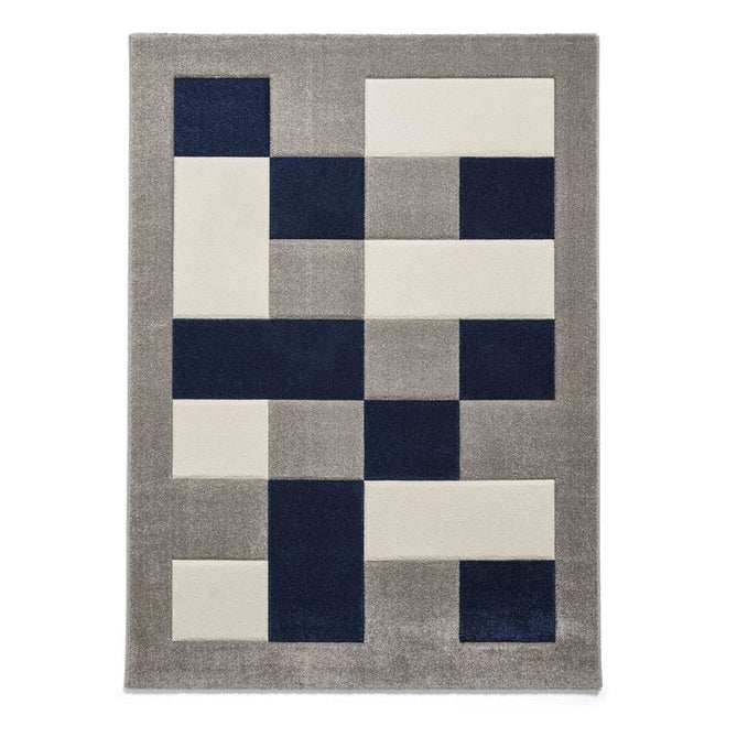 Brooklyn BRK04 Modern Geometric Patchwork Blocks Border Soft Hand-Carved Grey/Navy/Cream Rug-Think Rugs-Rug Love - The Most Loved Rug Store