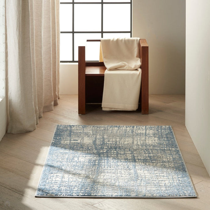 CK Rush CK950 Modern Crosshatched Linear Abstract Distressed Hi-Low Textured Low Flat-Pile Ivory/Blue Rug-Calvin Klein-Rug Love - The Most Loved Rug Store