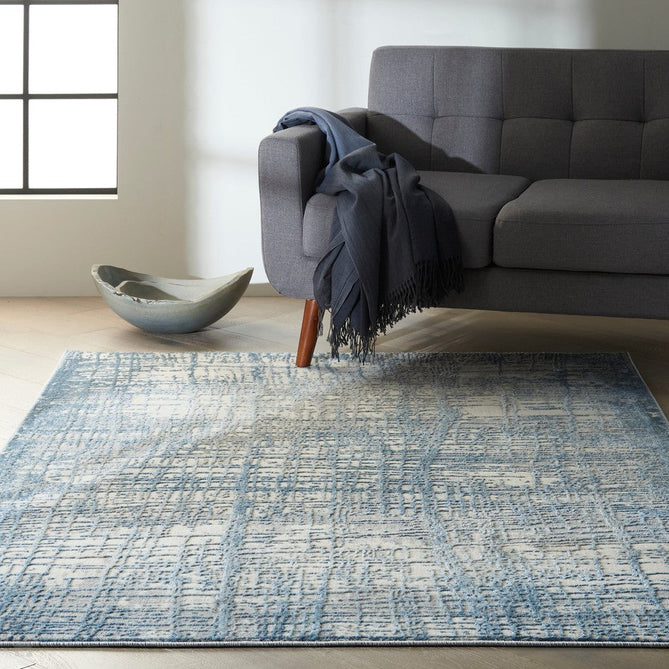 CK Rush CK950 Modern Crosshatched Linear Abstract Distressed Hi-Low Textured Low Flat-Pile Ivory/Blue Rug-Calvin Klein-Rug Love - The Most Loved Rug Store