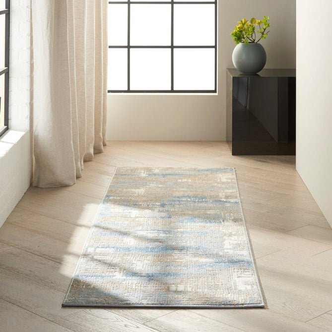 CK Rush CK951 Modern Crosshatched Linear Abstract Distressed Hi-Low Textured Low Flat-Pile Blue/Beige Runner-Calvin Klein-Rug Love - The Most Loved Rug Store