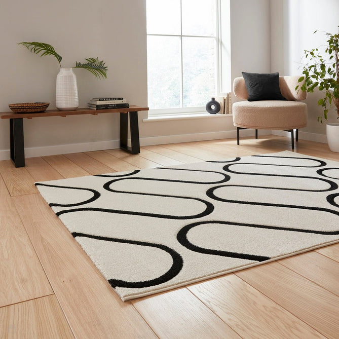 Catherine Lansfield Linear Curve Modern Geometric White/Black Rug-Think Rugs-Rug Love - The Most Loved Rug Store