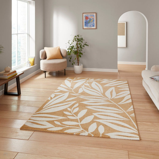 Catherine Lansfield Sorral Leaves Botanical Ochre Rug-Think Rugs-Rug Love - The Most Loved Rug Store