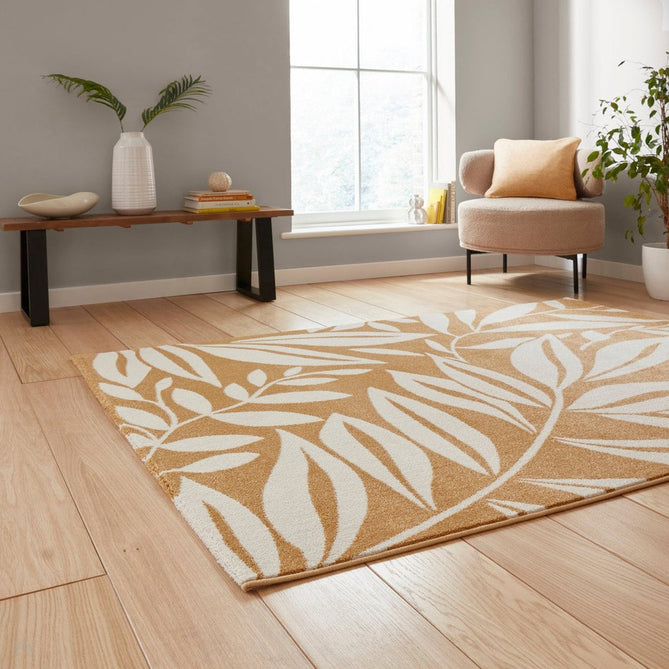 Catherine Lansfield Sorral Leaves Botanical Ochre Rug-Think Rugs-Rug Love - The Most Loved Rug Store