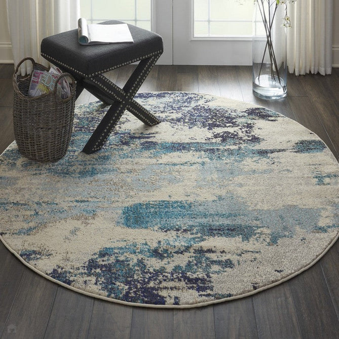 Celestial CES02 Modern Abstract Soft Durable Low Short Flat Pile Ivory/Teal Blue Round Rug-Nourison-Rug Love - The Most Loved Rug Store