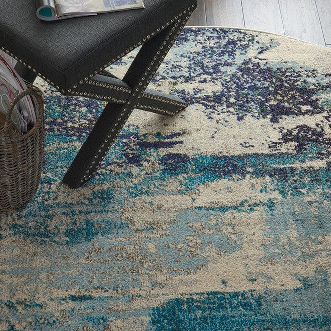 Celestial CES02 Modern Abstract Soft Durable Low Short Flat Pile Ivory/Teal Blue Round Rug-Nourison-Rug Love - The Most Loved Rug Store