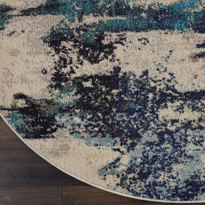 Celestial CES02 Modern Abstract Soft Durable Low Short Flat Pile Ivory/Teal Blue Round Rug-Nourison-Rug Love - The Most Loved Rug Store