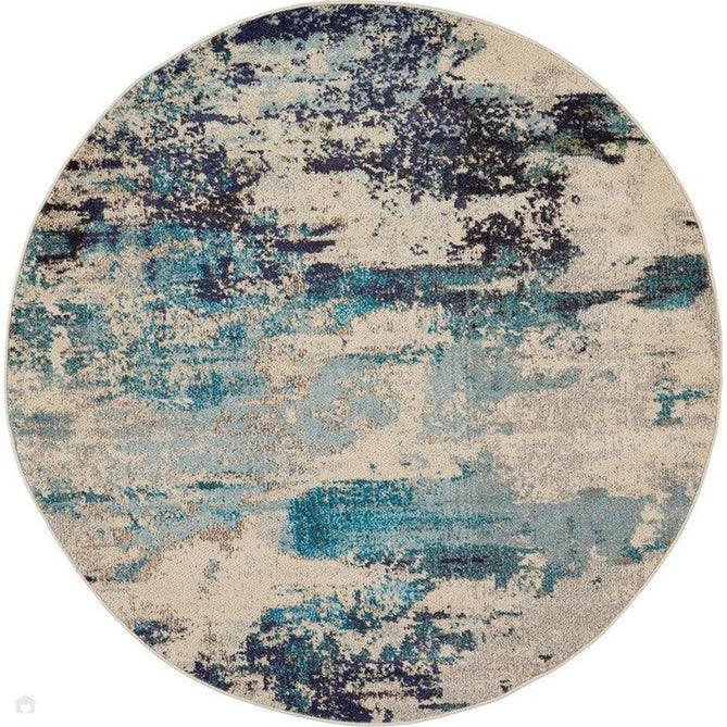 Celestial CES02 Modern Abstract Soft Durable Low Short Flat Pile Ivory/Teal Blue Round Rug-Nourison-Rug Love - The Most Loved Rug Store