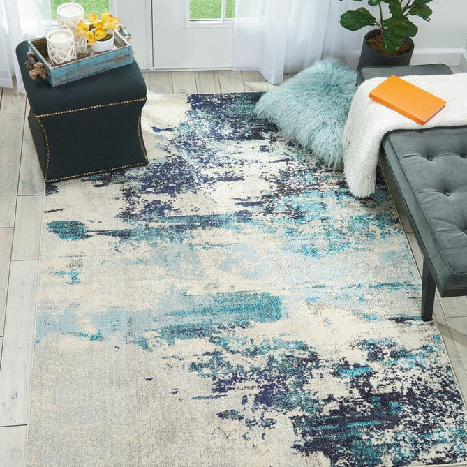 Celestial CES02 Modern Abstract Soft Durable Low Short Flat Pile Ivory/Teal/Blue Runner-Nourison-Rug Love - The Most Loved Rug Store