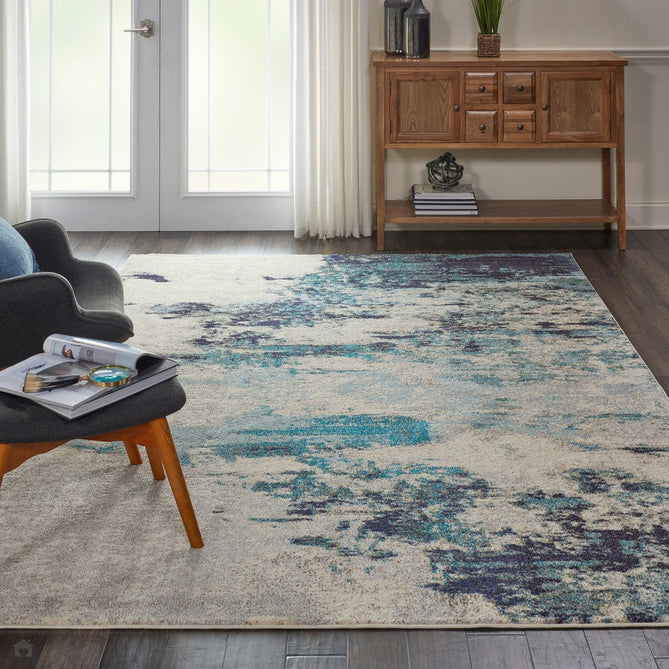 Celestial CES02 Modern Abstract Soft Durable Low Short Flat Pile Ivory/Teal/Blue Runner-Nourison-Rug Love - The Most Loved Rug Store