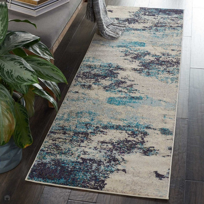 Celestial CES02 Modern Abstract Soft Durable Low Short Flat Pile Ivory/Teal/Blue Runner-Nourison-Rug Love - The Most Loved Rug Store