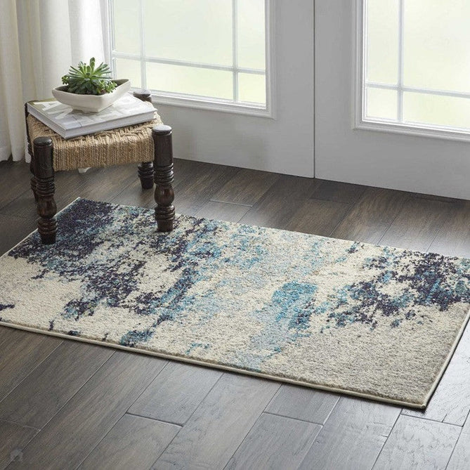 Celestial CES02 Modern Abstract Soft Durable Low Short Flat Pile Ivory/Teal/Blue Runner-Nourison-Rug Love - The Most Loved Rug Store