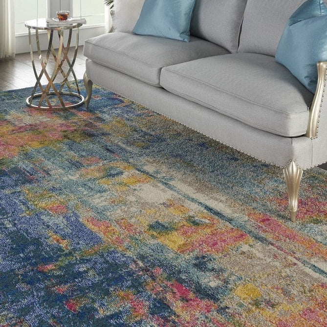 Celestial CES09 Modern Abstract Soft Durable Low Short Flat Pile Blue/Yellow Round Rug-Nourison-Rug Love - The Most Loved Rug Store