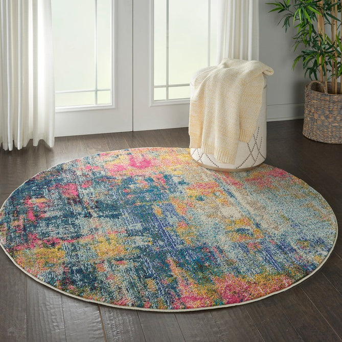 Celestial CES09 Modern Abstract Soft Durable Low Short Flat Pile Blue/Yellow Round Rug-Nourison-Rug Love - The Most Loved Rug Store