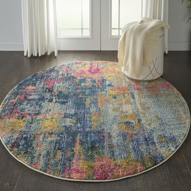 Celestial CES09 Modern Abstract Soft Durable Low Short Flat Pile Blue/Yellow Round Rug-Nourison-Rug Love - The Most Loved Rug Store