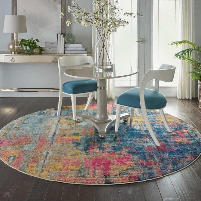 Celestial CES09 Modern Abstract Soft Durable Low Short Flat Pile Blue/Yellow Round Rug-Nourison-Rug Love - The Most Loved Rug Store