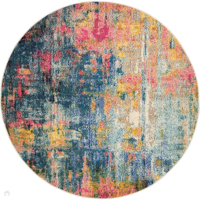 Celestial CES09 Modern Abstract Soft Durable Low Short Flat Pile Blue/Yellow Round Rug-Nourison-Rug Love - The Most Loved Rug Store