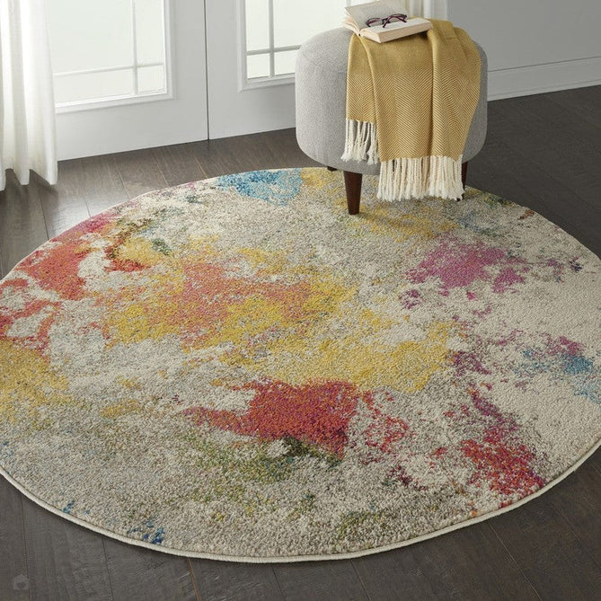 Celestial CES12 Modern Abstract Soft Durable Low Short Flat Pile Ivory/Multicolour Round Rug-Nourison-Rug Love - The Most Loved Rug Store