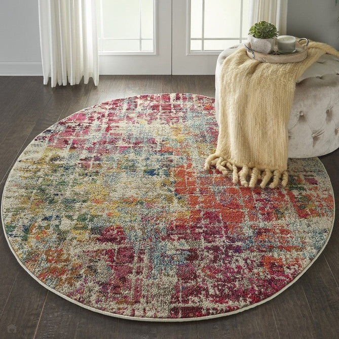 Celestial CES13 Modern Abstract Soft Durable Low Short Flat Pile Pink/Multi Round Rug-Nourison-Rug Love - The Most Loved Rug Store