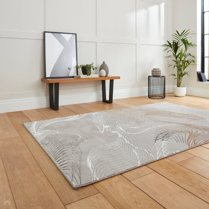 Creation 50054 Modern Abstract Metallic Shimmer Soft High-Density Textured Grey/Ivory Rug-Think Rugs-Rug Love - The Most Loved Rug Store