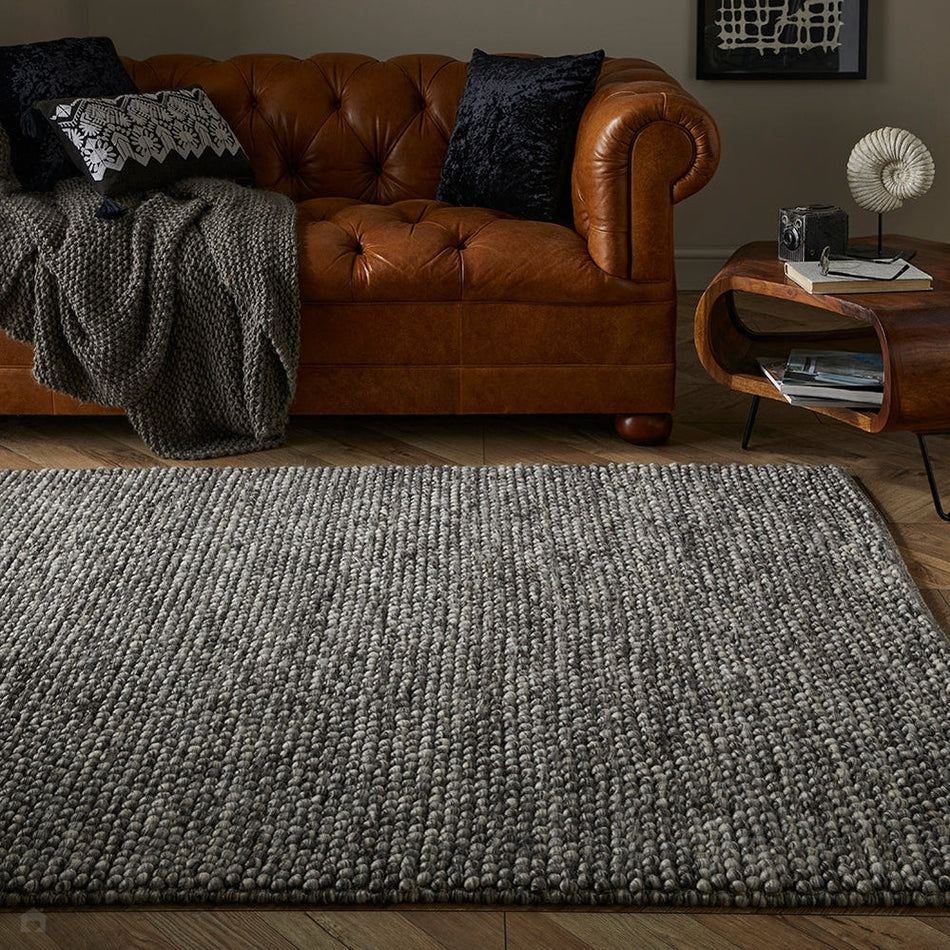 On Sale Delilah Modern Plain Mottled Beaded Pebble Hand-Woven Textured Wool  Flat-Pile Grey/Charcoal Rug Lowest Price £139 At Rug Love