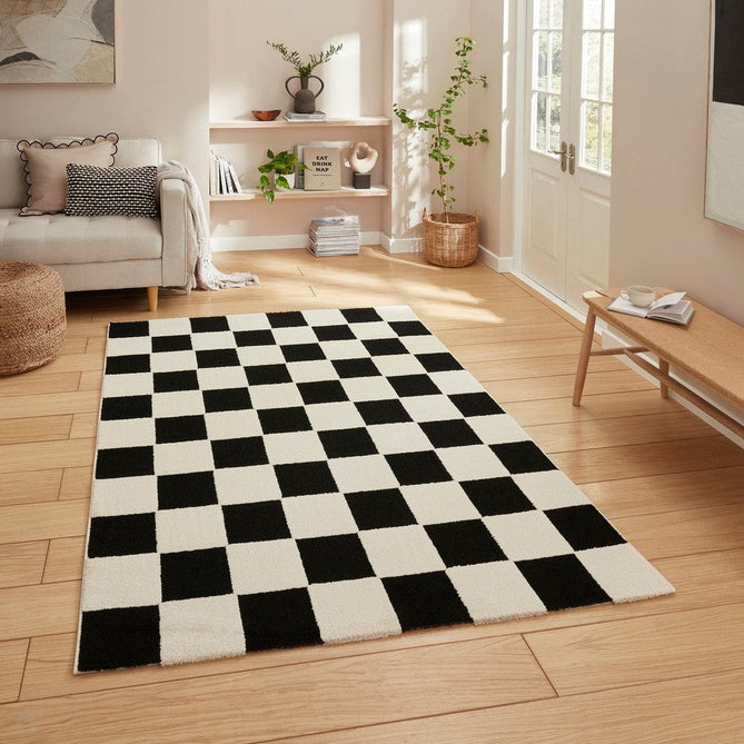 Elio 69924 Modern Geometric Checkerboard Carved Soft-Touch High-Density Hi-Low Textured Pile Polypropylene/Polyester Mix Black/White Rug-Think Rugs-Rug Love - The Most Loved Rug Store