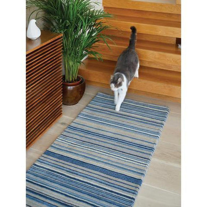 Fine Stripes Modern Stripe Hand-Woven Wool Blue/Beige Runner-Origins-Rug Love - The Most Loved Rug Store