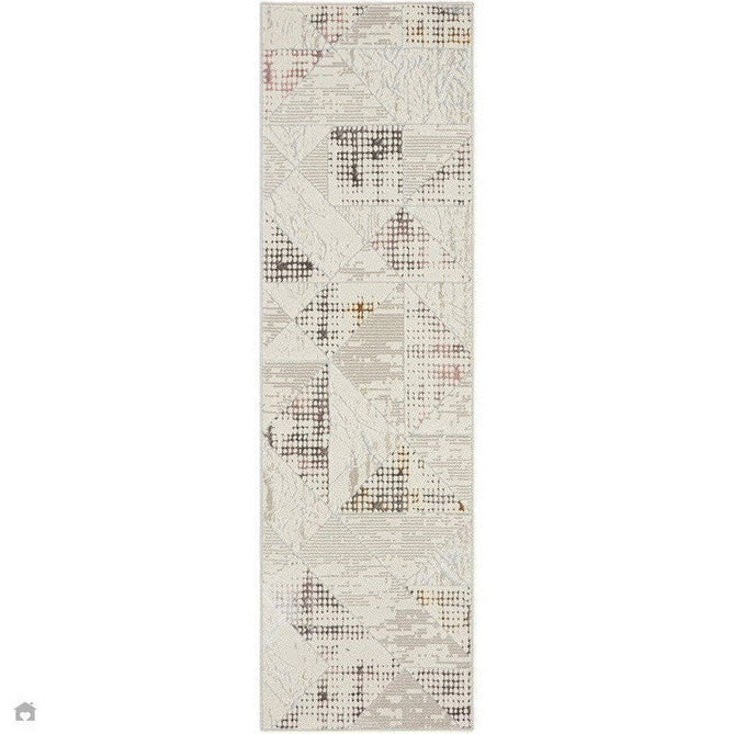 Buy Nourison Glitz GLZ04 Modern Abstract Tiled Geometric Grid Distressed Metallic Shimmer Hi-Low Textured Soft-Touch Short-Pile Polyester Ivory/Beige/Grey/Multicolour Runner Lowest Price | Rug Love