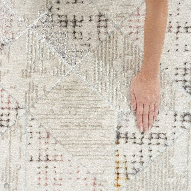 Buy Nourison Glitz GLZ04 Modern Abstract Tiled Geometric Grid Distressed Metallic Shimmer Hi-Low Textured Soft-Touch Short-Pile Polyester Ivory/Beige/Grey/Multicolour Runner Lowest Price | Rug Love