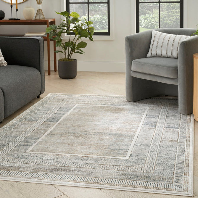 Buy Nourison Glitz GLZ07 Modern Abstract Geometric Border Distressed Metallic Shimmer Hi-Low Textured Soft-Touch Short-Pile Polyester Ivory/Multicolour Rug Lowest Price | Rug Love