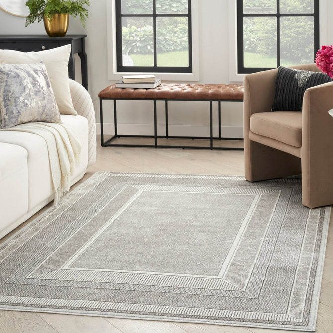 Glitz GLZ07 Modern Abstract Geometric Border Distressed Metallic Shimmer Hi-Low Textured Soft-Touch Short-Pile Polyester Silver Rug-Nourison-Rug Love - The Most Loved Rug Store