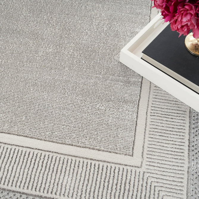 Glitz GLZ07 Modern Abstract Geometric Border Distressed Metallic Shimmer Hi-Low Textured Soft-Touch Short-Pile Polyester Silver Rug-Nourison-Rug Love - The Most Loved Rug Store