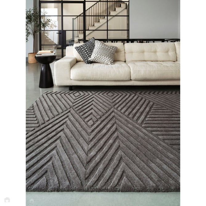 Hague Modern Plain Geometric Hand-Carved Hi-Low 3D Ridged Cut & Loop Pile Textured Wool Charcoal Grey Rug-Asiatic Carpets-Rug Love - The Most Loved Rug Store