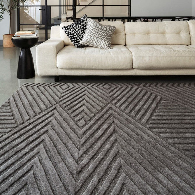 Hague Modern Plain Geometric Hand-Carved Hi-Low 3D Ridged Cut & Loop Pile Textured Wool Charcoal Grey Rug-Asiatic Carpets-Rug Love - The Most Loved Rug Store