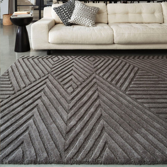 Hague Modern Plain Geometric Hand-Carved Hi-Low 3D Ridged Cut & Loop Pile Textured Wool Charcoal Grey Rug-Asiatic Carpets-Rug Love - The Most Loved Rug Store