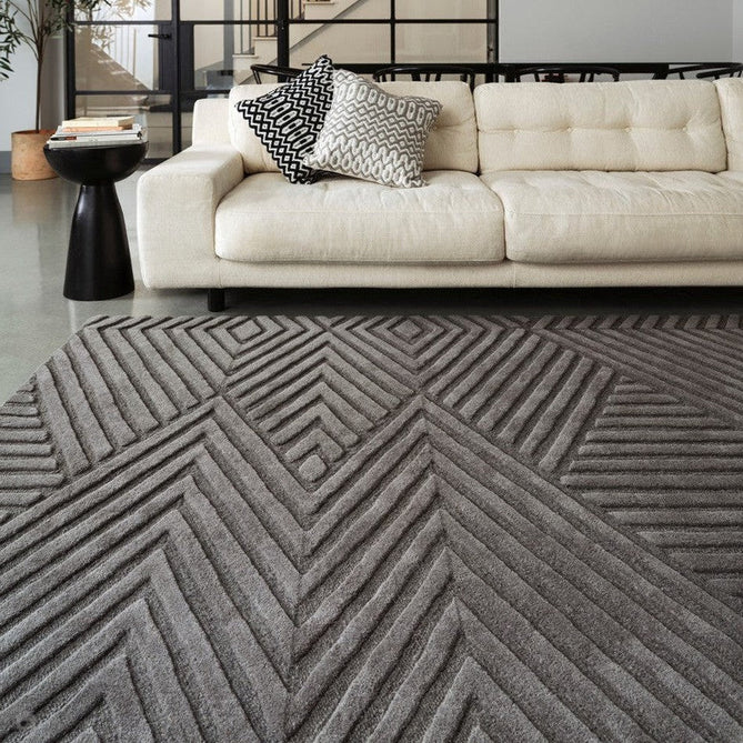 Hague Modern Plain Geometric Hand-Carved Hi-Low 3D Ridged Cut & Loop Pile Textured Wool Charcoal Rug 120 x 170 cm-Shop Returns-Rug Love - The Most Loved Rug Store