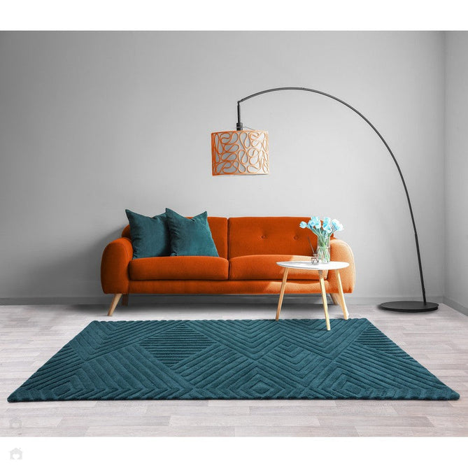 Hague Modern Plain Geometric Hand-Carved Hi-Low 3D Ridged Cut & Loop Pile Textured Wool Teal Rug-Asiatic Carpets-Rug Love - The Most Loved Rug Store