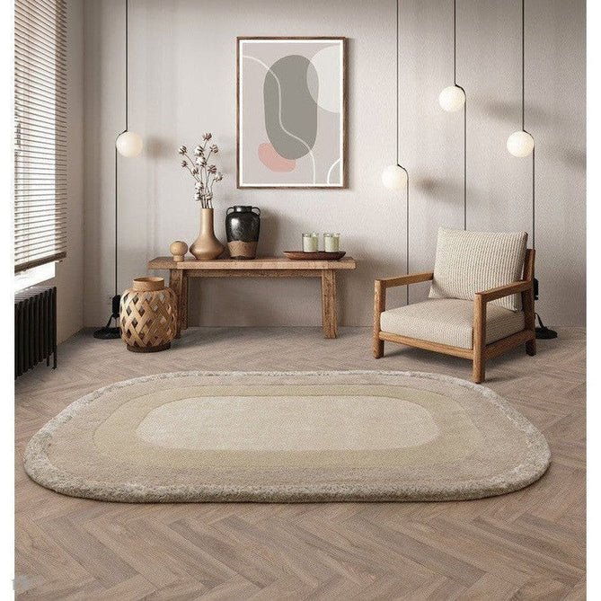 Halo Modern Plain Graduating Ombre Hand-Carved Hi-Low Textured Matt Wool Contrast Viscose Shimmer Border Calico Beige/Natural Oval Rug-Asiatic Carpets-Rug Love - The Most Loved Rug Store