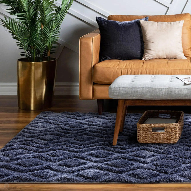 Harrison Modern Plain Hand-Carved Geometric Hi-Low Plush Soft Polyester Boho Shaggy Navy Rug-Asiatic Carpets-Rug Love - The Most Loved Rug Store