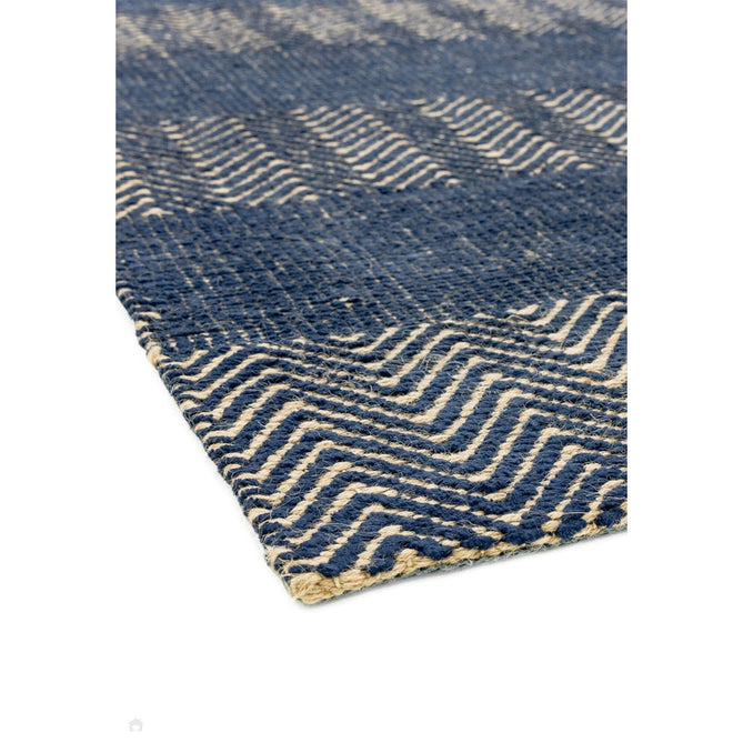 Ives Modern Geometric Chevron Zigzag Hand-Woven Jute&Cotton Durable Textured Soft-Touch Flatweave Navy Blue Runner-Asiatic Carpets-Rug Love - The Most Loved Rug Store