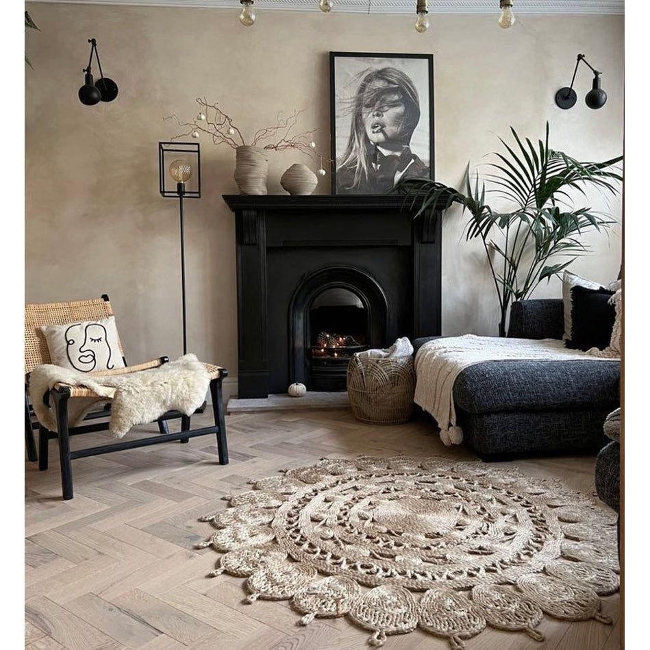 Round Rug White Line Jute Hand Braided Living Room Area Rug Carpet 100%  Carpet