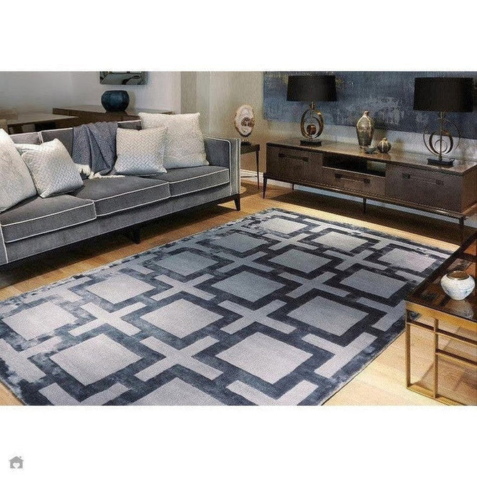 Buy Asiatic Carpets Katherine Carnaby Eaton Modern Designer Geometric Super-Soft Hand-Woven High-Density Textured Silky Metallic Shimmer Viscose Flatweave Storm Blue Rug Lowest Price | Rug Love