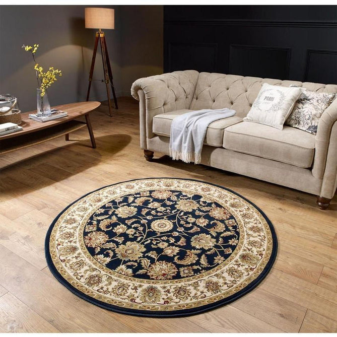 Kendra 3330 B Traditional Persian Classic Floral Vine Bordered Stain-Resistant Navy Blue Round Rug-Oriental Weavers-Rug Love - The Most Loved Rug Store