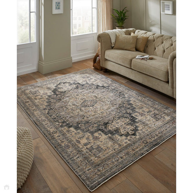 Legacy LEG01 Traditional Persian Medallion Border Soft-Touch Short Pile Polyester Flatweave Charcoal/Cream Rug-Concept Looms-Rug Love - The Most Loved Rug Store