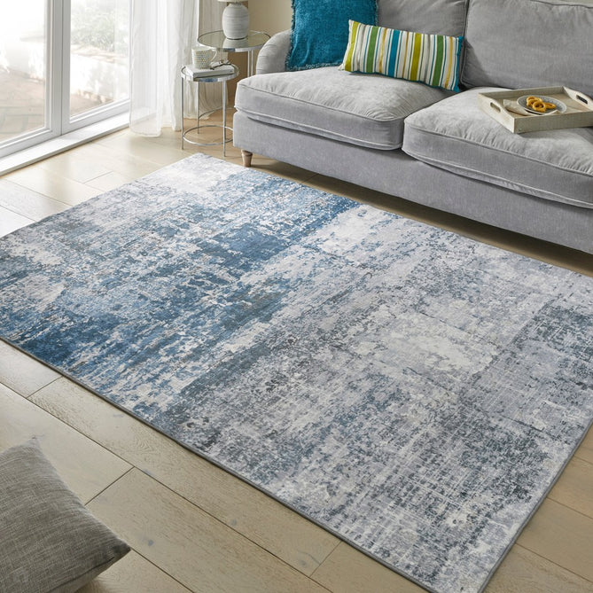 Lux Washable LUX07 Modern Abstract Distressed Soft-Touch Silky Smooth Faux Rabbit Fur Polyester Flatweave Ivory/Blue Rug-Concept Looms-Rug Love - The Most Loved Rug Store