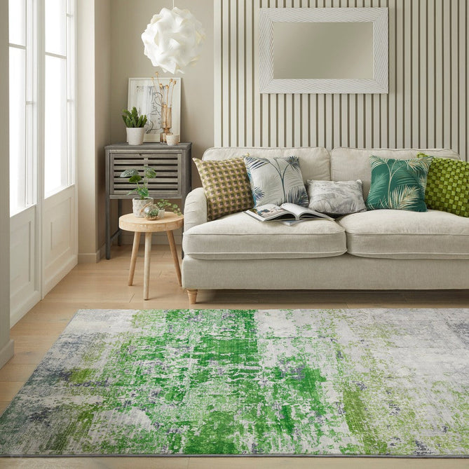 Lux Washable LUX08 Modern Abstract Distressed Soft-Touch Silky Smooth Faux Rabbit Fur Polyester Flatweave Ivory/Green Rug-Concept Looms-Rug Love - The Most Loved Rug Store