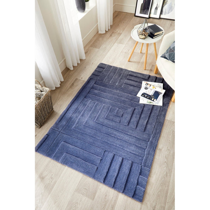 Maze Modern Geometric Plain Linear Hand Carved Wool 3D Hi-Low Ridged Blue Rug-Origins-Rug Love - The Most Loved Rug Store