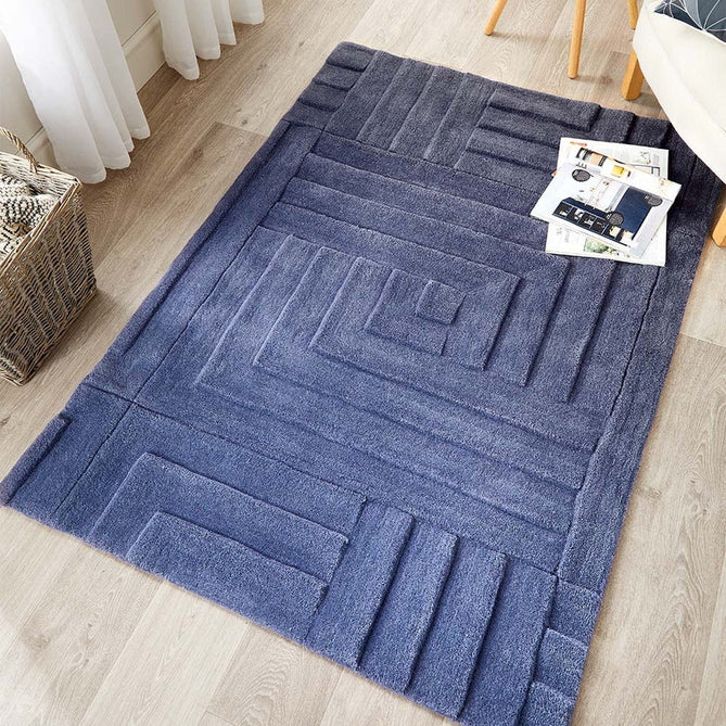 Maze Modern Geometric Plain Linear Hand Carved Wool 3D Hi-Low Ridged Blue Rug-Origins-Rug Love - The Most Loved Rug Store