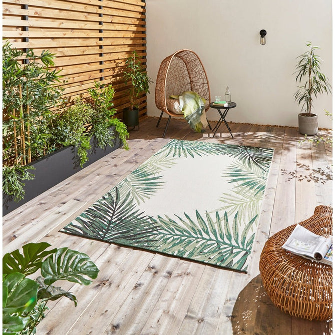 Miami 19435 Botanical Floral Palmate Durable Stain-Resistant Weatherproof Flatweave In-Outdoor Light Beige/Green Rug-Think Rugs-Rug Love - The Most Loved Rug Store