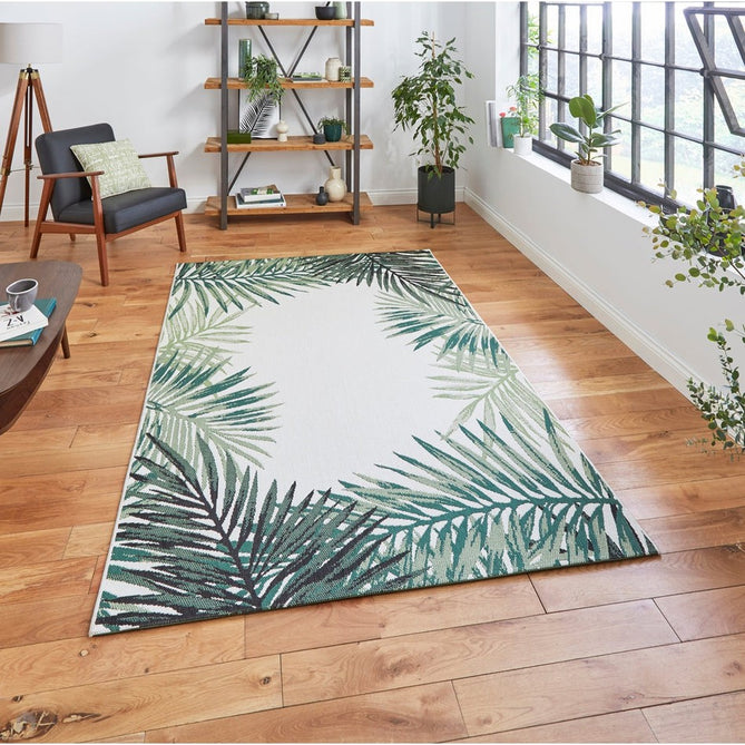 Miami 19435 Botanical Floral Palmate Durable Stain-Resistant Weatherproof Flatweave In-Outdoor Light Beige/Green Rug-Think Rugs-Rug Love - The Most Loved Rug Store