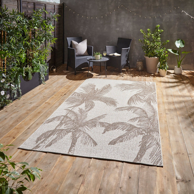 Miami A444 Botanical Floral Palm Trees Durable Stain-Resistant Weatherproof Flatweave In-Outdoor Beige Rug-Think Rugs-Rug Love - The Most Loved Rug Store